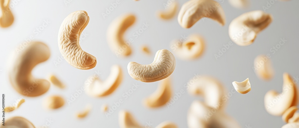 Poster captivating close up of cashew nuts floating in mid air against a clean background with soft lightin