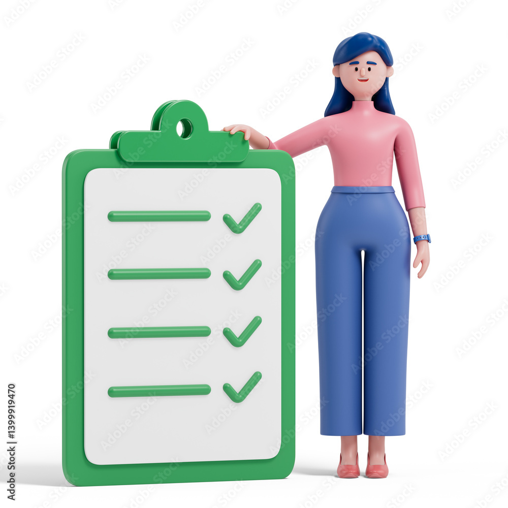 Poster woman presenting checklist with ticks, symbolizing completion of tasks or goals. 3d rendering, conce