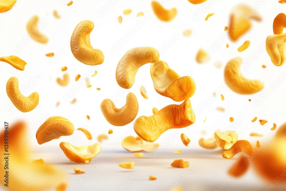 Poster golden cashews falling in a bright white space a dynamic composition with focus on texture and detai