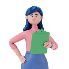 woman holding green folder, symbolizing organization or preparation of documents. 3D rendering, conceptual image. Isolated on white background.