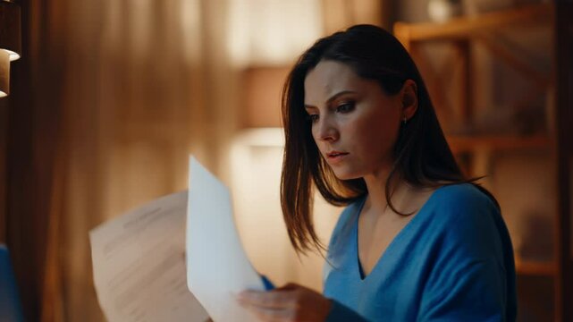 Tensed accountant overloaded late work reading papers at dark workplace closeup.
