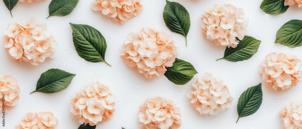 Poster delicate peach hydrangea blooms and lush green leaves arranged on a clean white background creating 