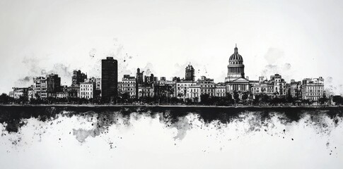 Minimalist Havana Cuba skyline artwork in black and white, a sophisticated cityscape travel illustration with a sleek and modern aesthetic
