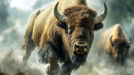 Majestic Bison Charging Through Dusty Terrain