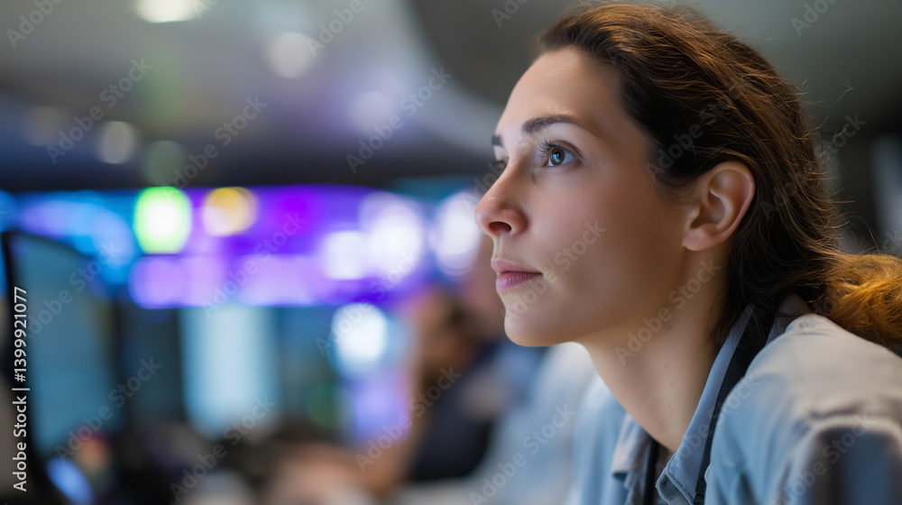 Poster female it engineer in high-tech monitoring room with multiple displays