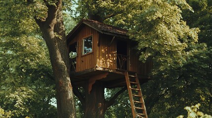A charming wooden treehouse nestled among lush green trees.