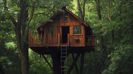 A charming wooden treehouse nestled amidst lush forest foliage.