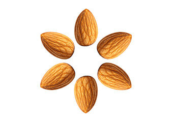 six almonds arranged in a circle on white background 