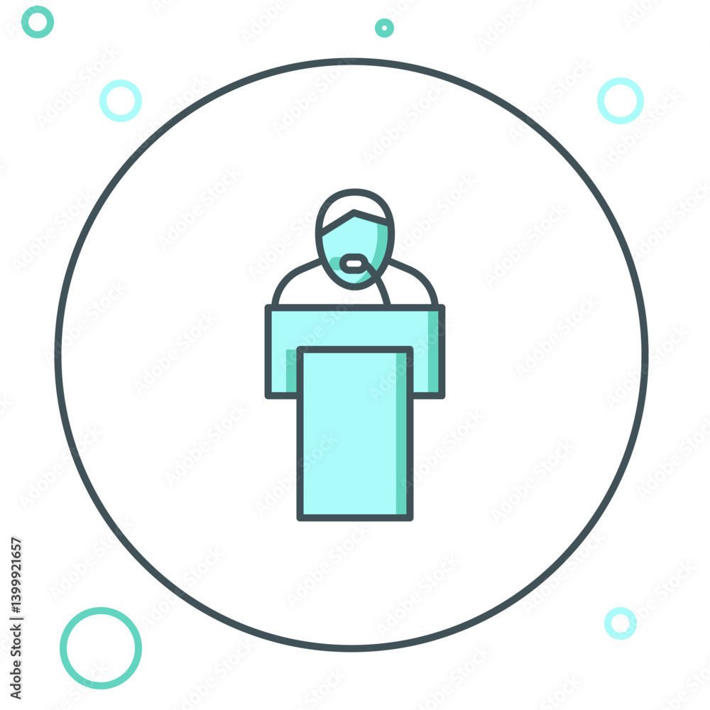 Poster line gives lecture icon isolated on white background. stand near podium. speak into microphone. the 