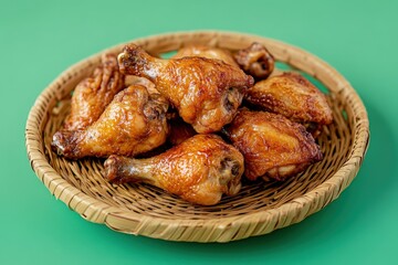 Crispy golden chicken drumsticks and wings in a woven basket.