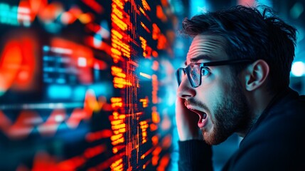 Shocked Man Reacts to Sudden IT Industry Stock Market Crash in Office