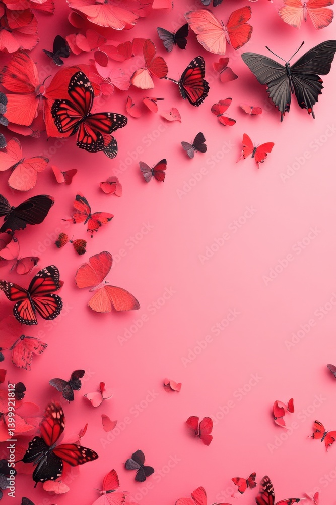 Poster elegant butterfly arrangement on a coral background creating a romantic and dreamy mood with a soft 