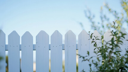 A white picket fence stands tall against a bright blue sky. Lush greenery surrounds the fence, creating a serene and inviting atmosphere in a tranquil neighborhood during daytime