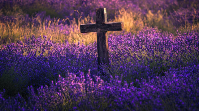 A rustic wooden cross stands amidst vibrant lavender flowers in full bloom. The golden light of sunset casts a warm glow over the peaceful countryside landscape