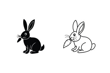 Two Bunny Illustrations In Black And White Holding Carrots On White Background