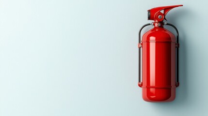 Obraz premium Bright Red Fire Extinguisher Mounted on Wall Against Light Background for Safety and Emergency Preparedness Concept
