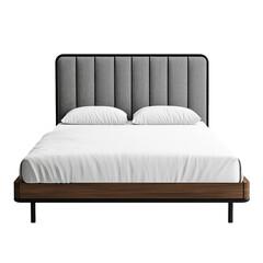 Obraz premium Modern bed with dark wood frame and upholstered gray headboard, neatly made with white bedding, front view, isolated on transparent.