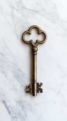 A single old brass key against a white background