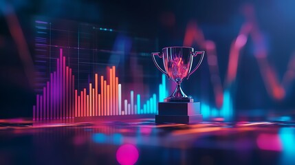 Financial Triumph Visual: A gleaming trophy stands amidst a vibrant display of financial data graphs, evoking a sense of achievement, innovation, and success in a modern setting.
