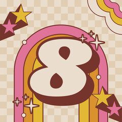 Retro Style 3D Numbers 8 with Vibrant Pink and Yellow Rainbow Background and Star Accents