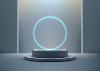 3d round illuminated podium with blue neon light technology display mockup showcase modern futuristic