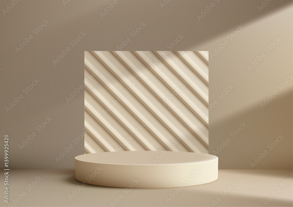Poster minimalist beige 3d round podium product display mockup on textured diagonal line backdrop for showc