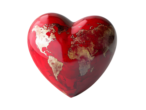 Red heart-shaped object with a world map design on it, white background. PNG transparent.