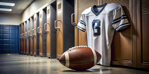 Football in locker room next to player’s jersey
