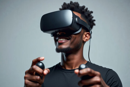 Smiling African American Man in VR Headset Playing Game