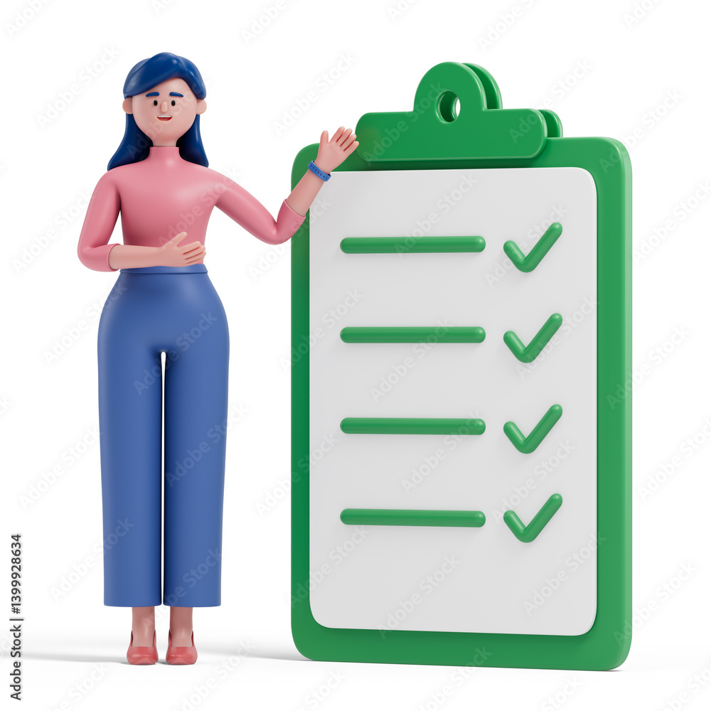 Poster woman presenting checklist with ticks, symbolizing completion of tasks or goals. 3d rendering, conce