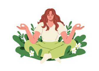 Meditation in nature. Happy woman meditating, relaxing in zen pose, peace. Wellness, mental health concept. Calm female in balance, harmony. Flat vector illustration isolated on white background
