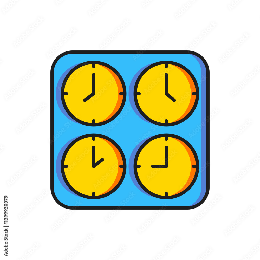 Poster color time zone clocks icon isolated on white background. flat filled outline style with shadow. vec