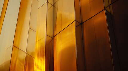 Close up of abstract golden metallic panels reflecting warm light.