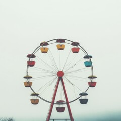 Vintage Ferris Wheel with Colorful Gondolas Against Overcast Pale Sky