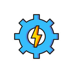 Color Gear and lightning icon isolated on white background. Electric power. Lightning bolt sign. Flat filled outline style with shadow. Vector