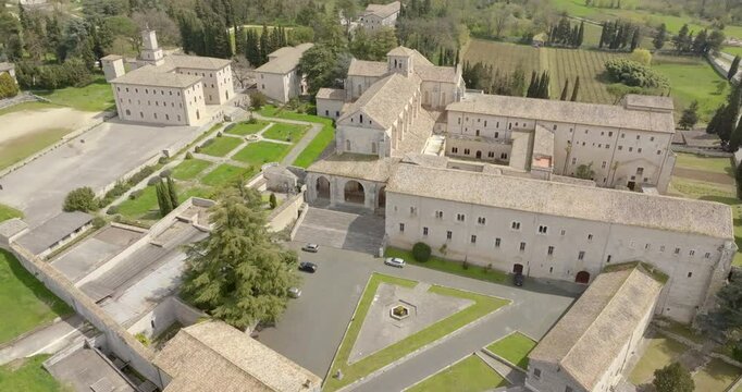 Aerial view of Casamari Abbey located near Frosinone, Lazio, Italy. It is a Cistercian abbey, example of early Italian Gothic architecture in the Burgundian style. It was declared a National Monument.