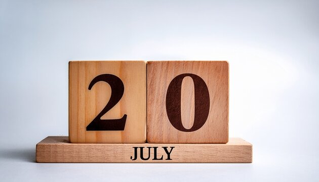 Minimalist photo of wooden blocks with date 20 July. Day and month, calendar on white background