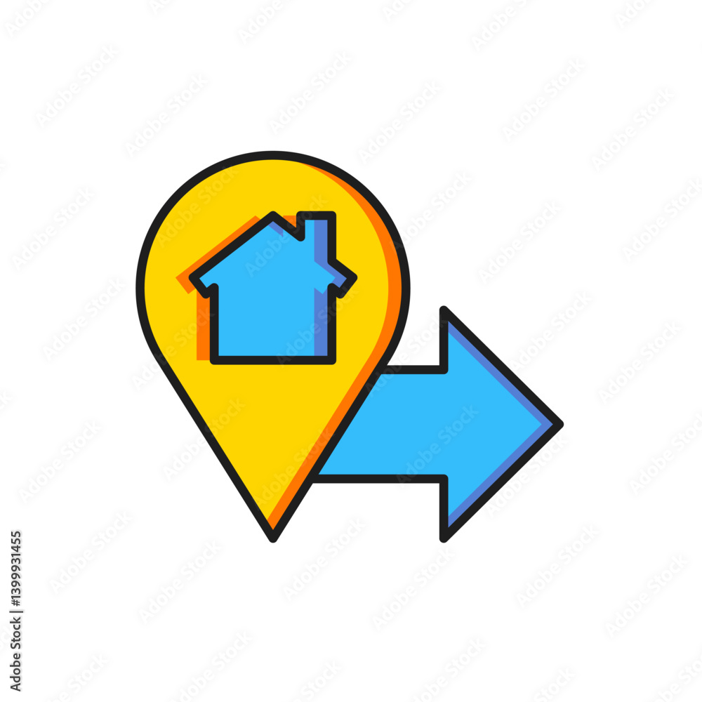 Poster color map pointer with house icon isolated on white background. home location marker symbol. flat fi