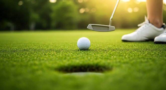 Close-up of a Golfer Putting on a Lush Green Golf Course at Sunset