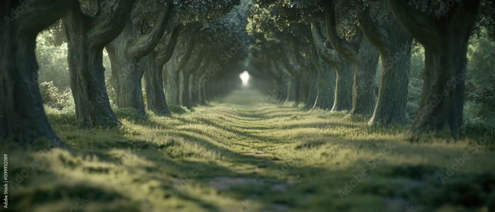 Poster enchanting forest path with sunlight streaming through trees creating a serene and mystical atmosphe