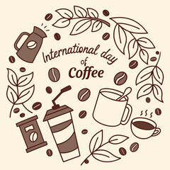 Hand-Drawn Day of Coffee Vector Illustration, Colorful Coffee Cups, Beans, and Leaves in Circular Frame for Poster or Greeting Design
