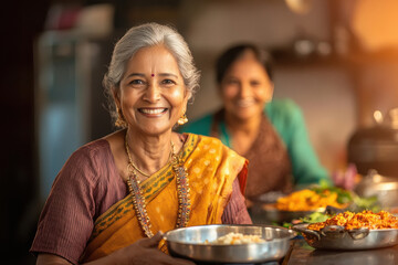 happy indian woman serving dinner to family