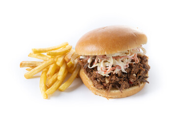 Pulled pork sandwich with coleslaw salad and french fries isolated on white background