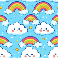 Seamless pattern of Cute cartoon clouds and rainbows on blue seamless background