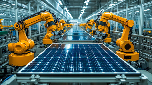 A production line for the assembly of solar panels. A row of yellow robotic arms located along the conveyor belt, which contains ready-made solar panels.