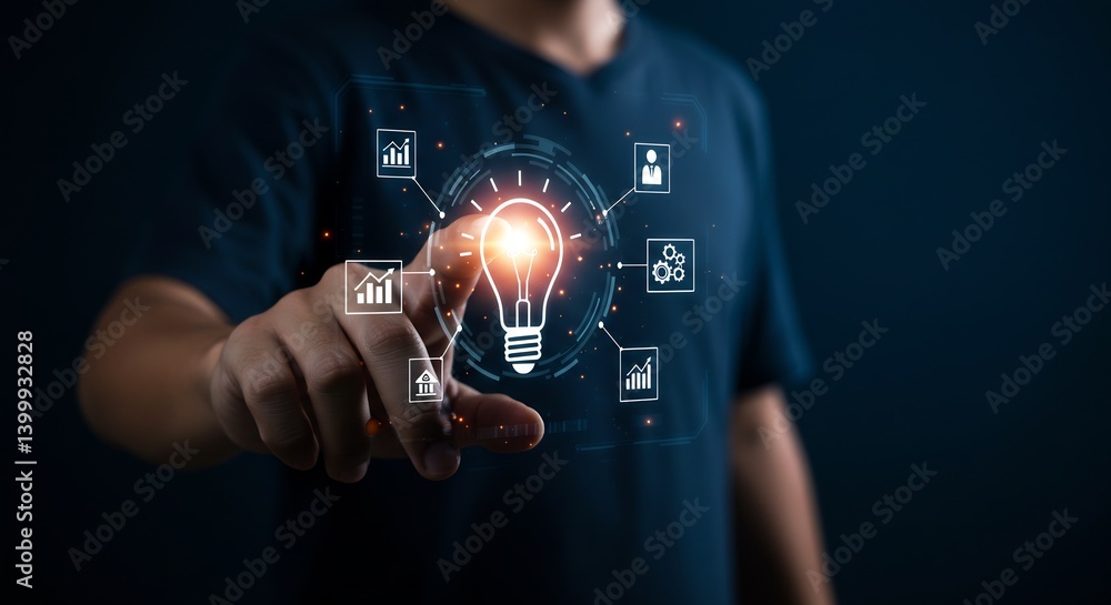 Poster man interacting with futuristic holographic interface showing business innovation and idea generatio