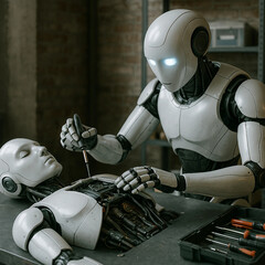 Zwei humanoide Roboter in einer Werkstatt, einer repariert den anderen mit einem Schraubenzieher. Konzept f&uuml;r Robotik, Wartung und k&uuml;nstliche Intelligenz.