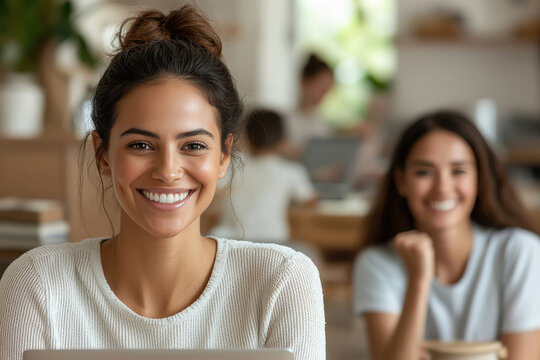Latin woman smiling with exercise clothing studying online in her laptop in living room family in the background.