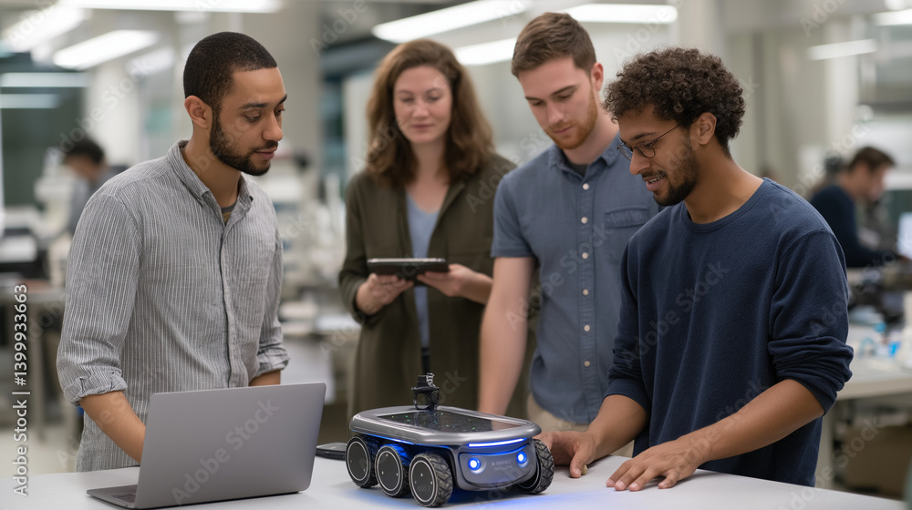 Aufkleber innovative robotics team collaborating on mobility robot in research lab