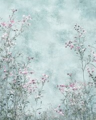 Serene floral watercolor painting with delicate pink wildflowers against a textured turquoise background creating a tranquil and artistic nature scene